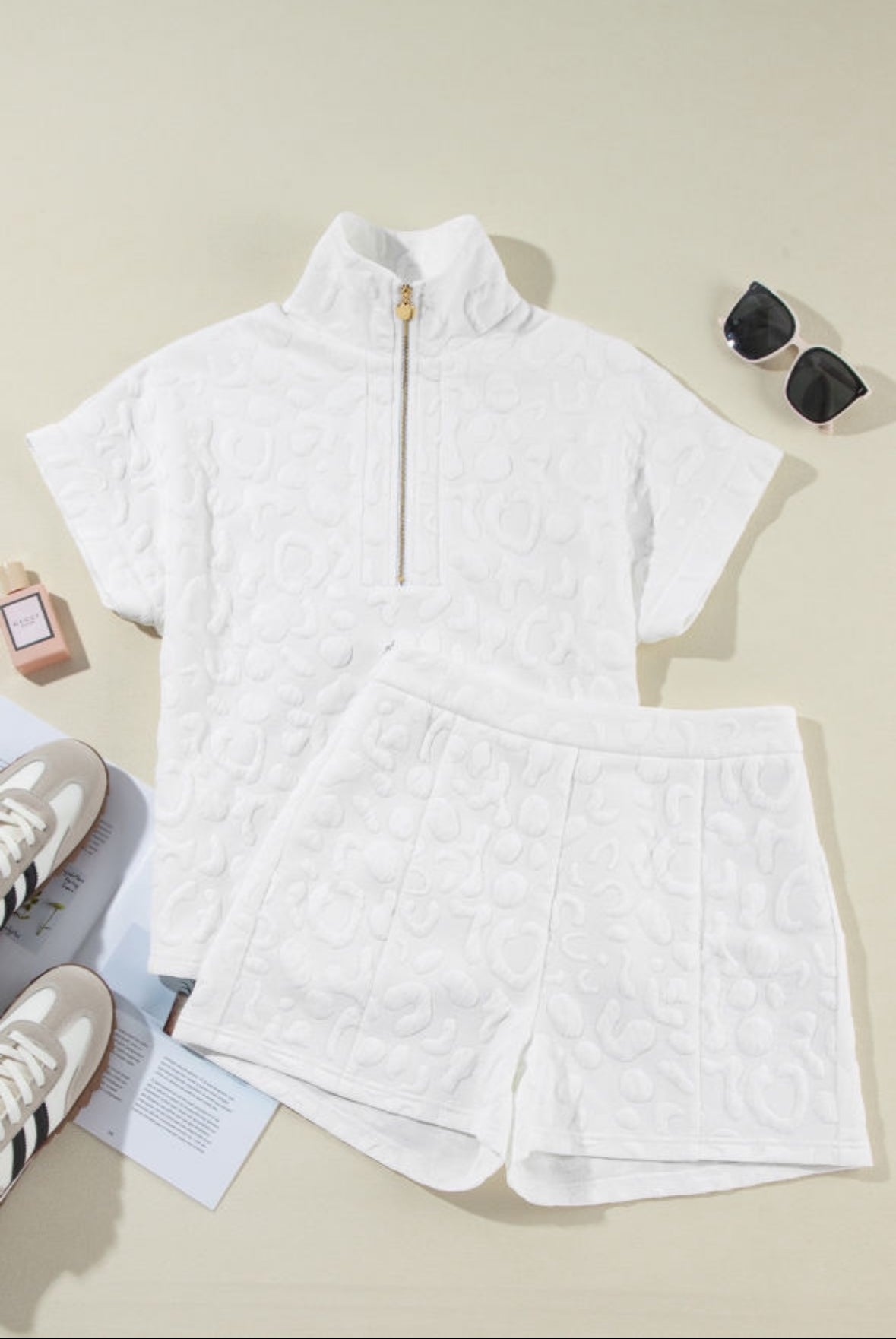 White Leopard Embossed 2 Piece Short Set