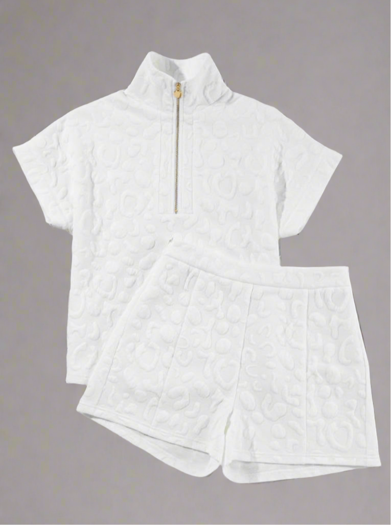 White Leopard Embossed 2 Piece Short Set