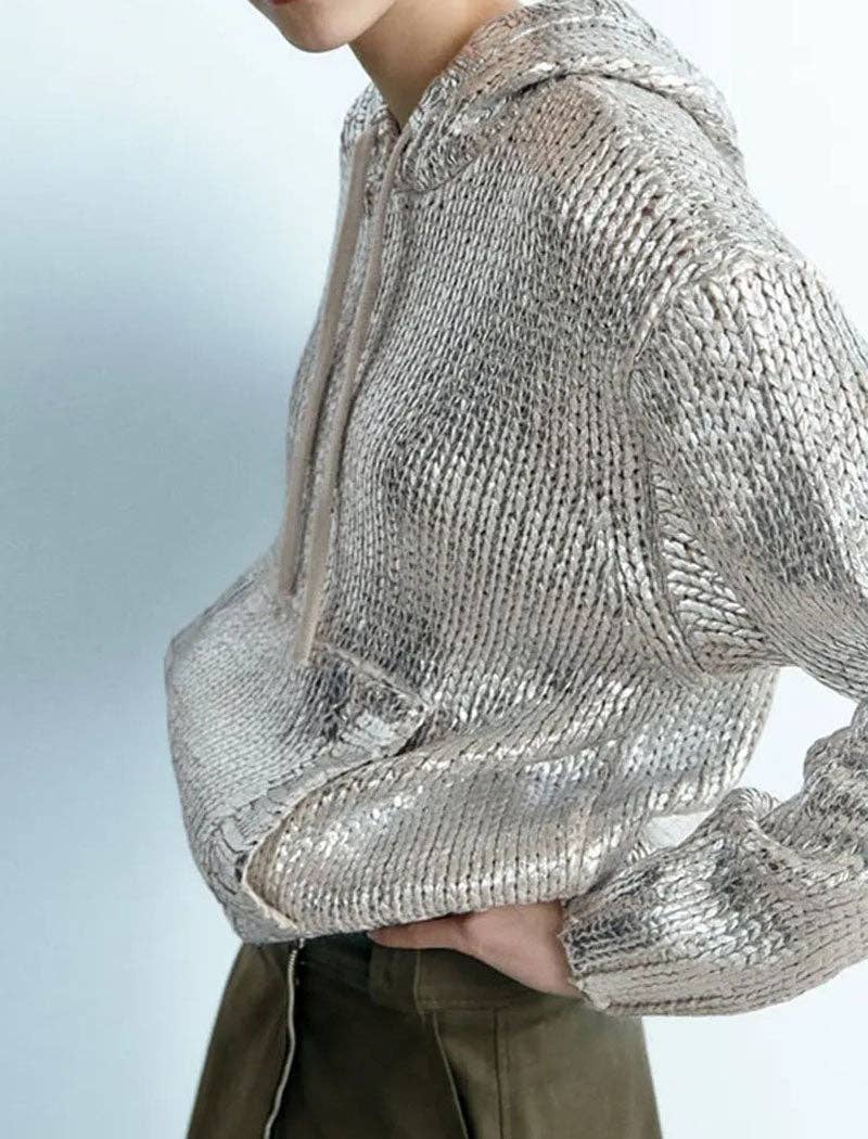 Metallic Knit Hoodie with Front Pocket