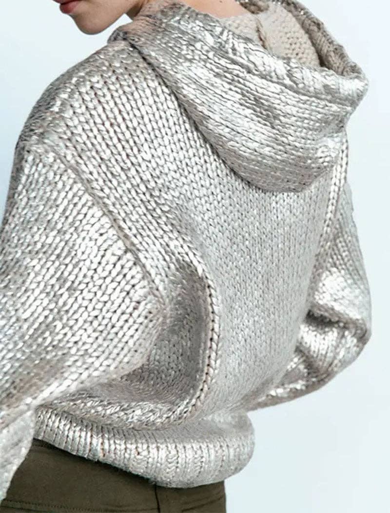 Metallic Knit Hoodie with Front Pocket