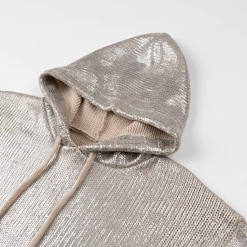 Metallic Knit Hoodie with Front Pocket