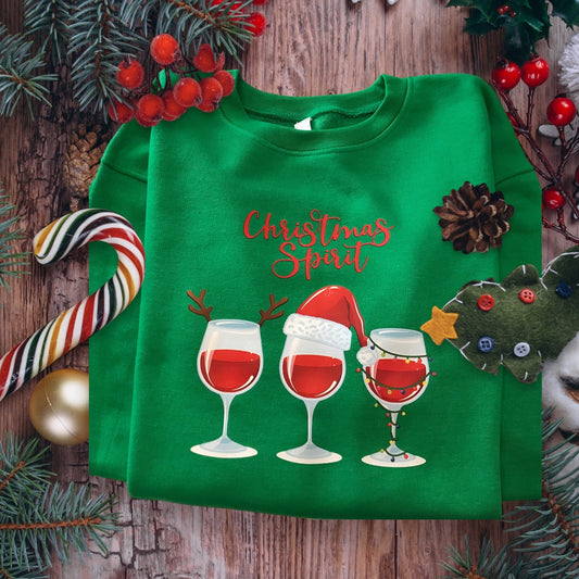 Wine Christmas Spirit Crew Neck Sweatshirt (Green)