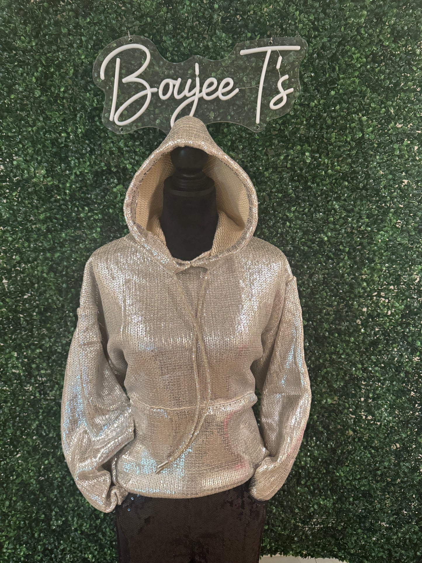 Metallic Knit Hoodie with Front Pocket