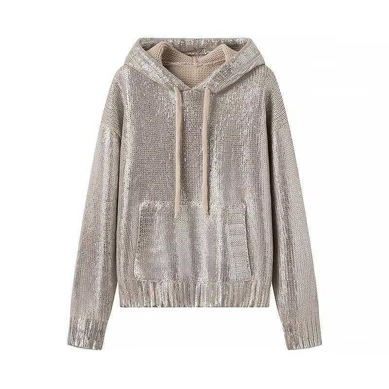 Metallic Knit Hoodie with Front Pocket